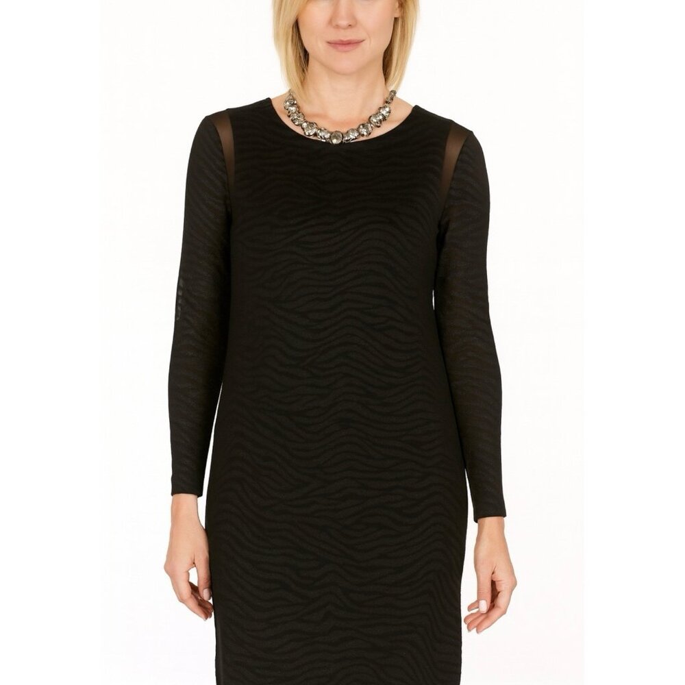 Betsey Johnson Solid Black Zebra Print Mesh Accent Long Sleeve Sheath Dress 12 L